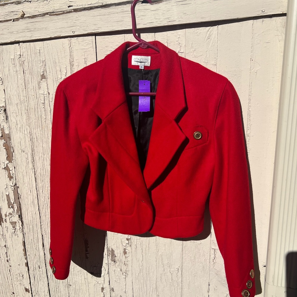 1980s concept red wool cropped bolero jacket with gold buttons
